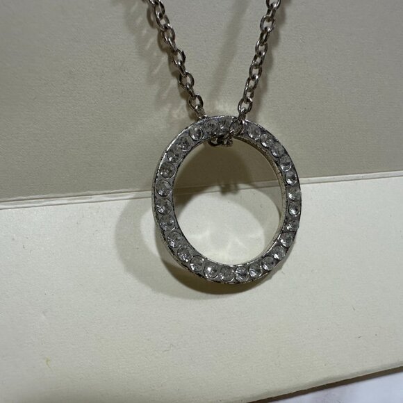 Silver-Tone Circle Pendant Necklace with Crystals – 21" Chain - Picture 3 of 4
